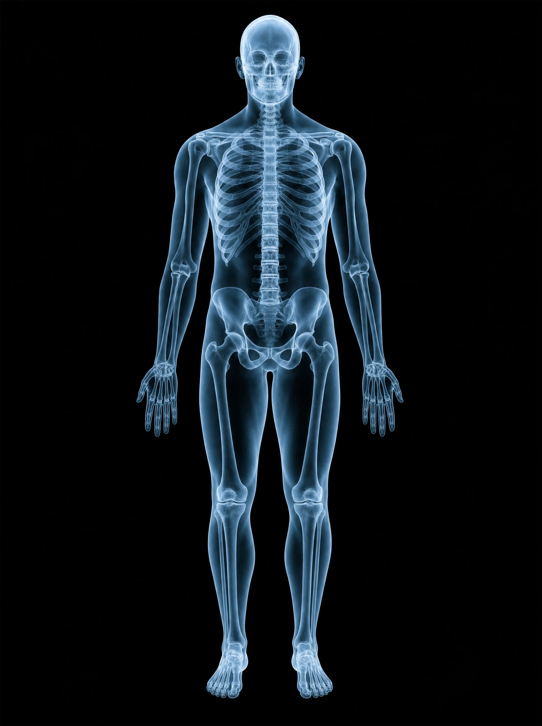 Full-body X-ray of a human, front view. The twelve clickable areas are also available as a list.